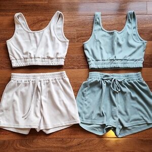 Buttery Soft Two-Piece Lounge Set in Cream and Green Size Medium